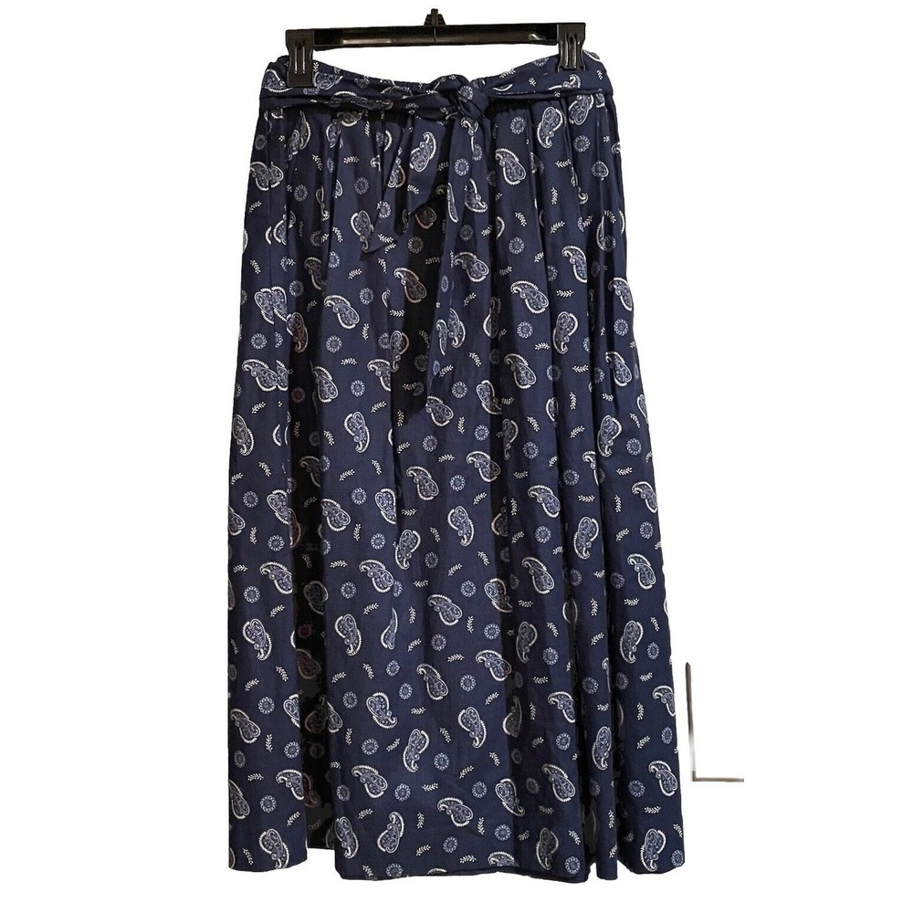 Pendleton Petite Navy Paisley Print Tie Waist‎ Midi Skirt Size 8 USA Boho